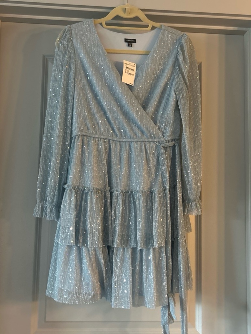 Zunie Light Blue Sparkle Tiered Wrap Dress